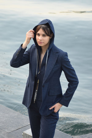 Giacca con Cappuccio in Cashmere e Lana Blu Eleventy